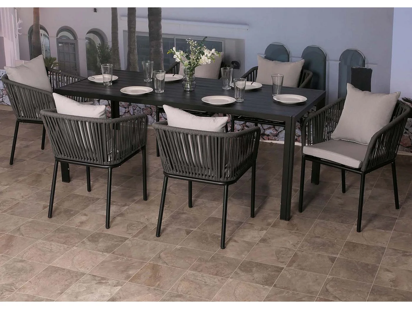 Gartengarnitur MCW-N41 (7-teilig), Anthrazit Kissen hellgrau