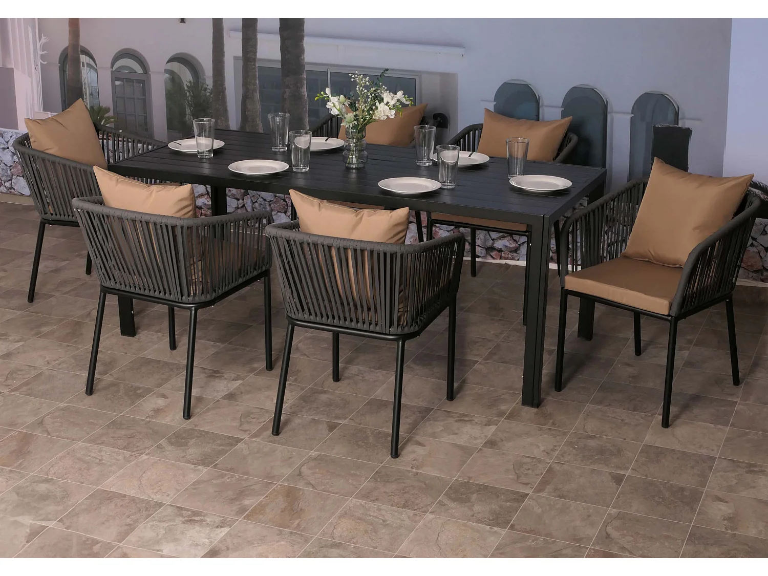 Gartengarnitur MCW-N41 (7-teilig), Anthrazit Kissen taupe