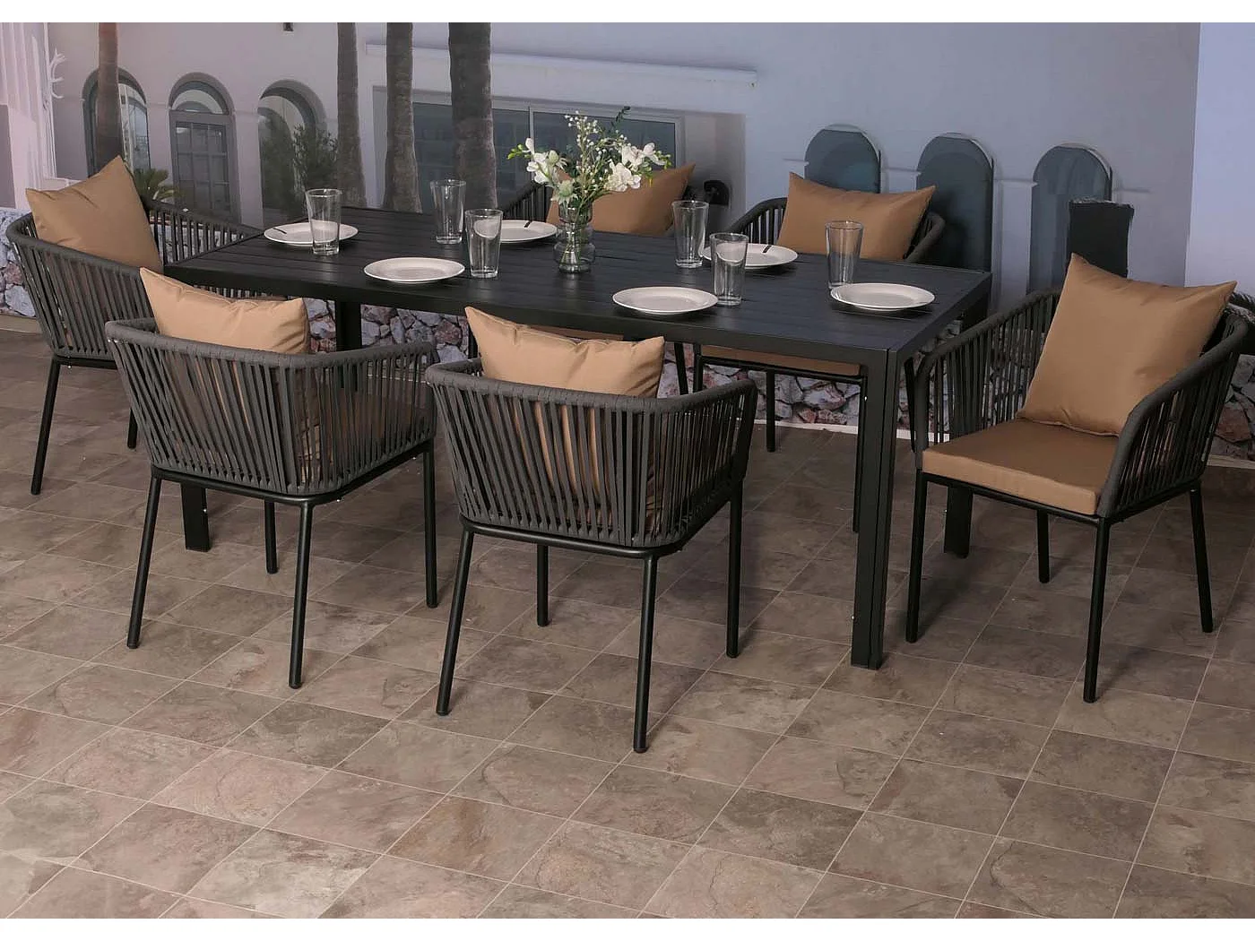 Gartengarnitur MCW-N41 (7-teilig), Anthrazit Kissen taupe