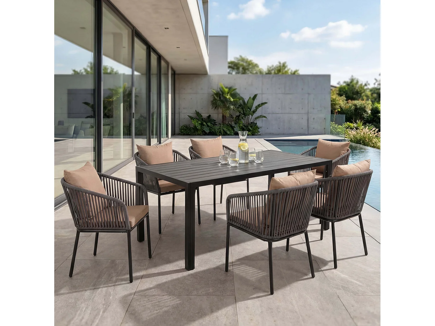 Gartengarnitur MCW-N41 (7-teilig), Anthrazit Kissen taupe
