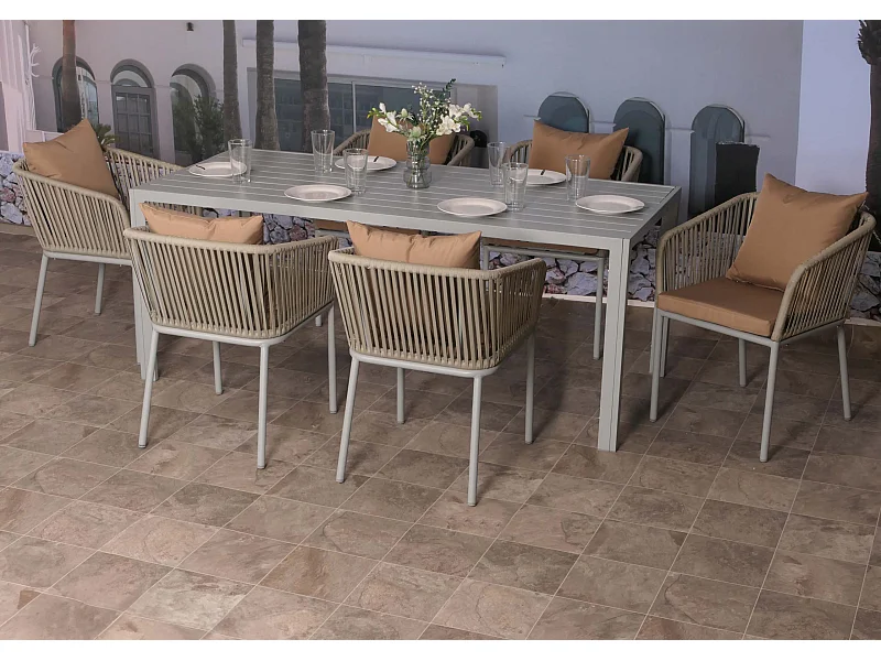 Gartengarnitur MCW-N41 (7-teilig), Hellgrau Kissen taupe