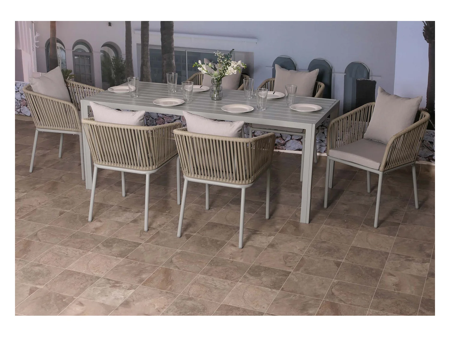 Gartengarnitur MCW-N41 (7-teilig), Hellgrau Kissen hellgrau