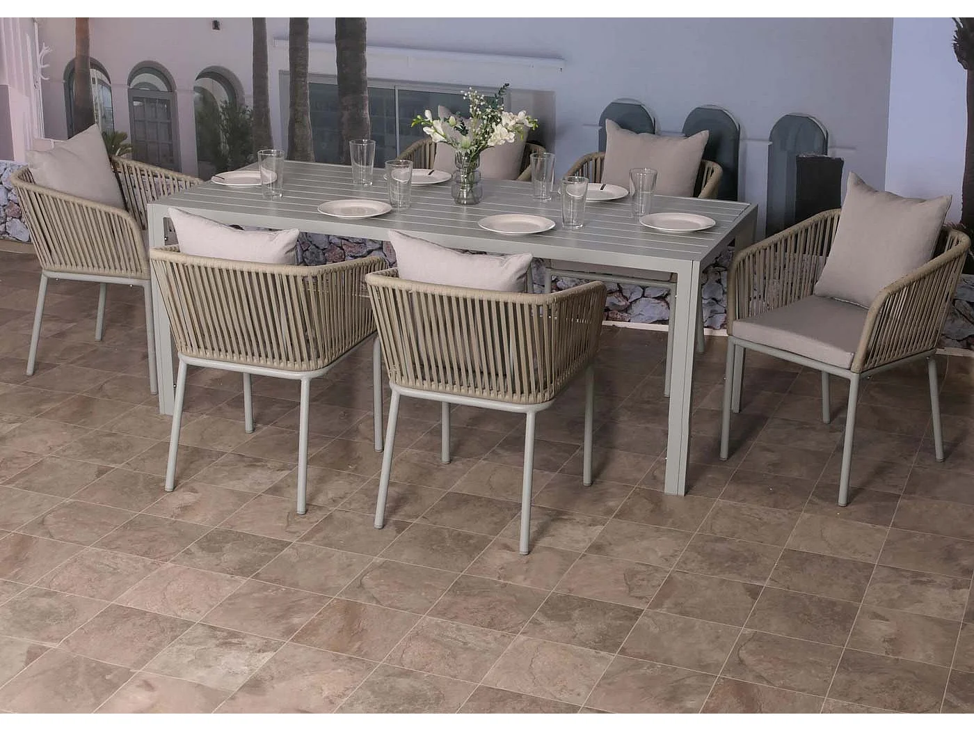 Gartengarnitur MCW-N41 (7-teilig), Hellgrau Kissen hellgrau