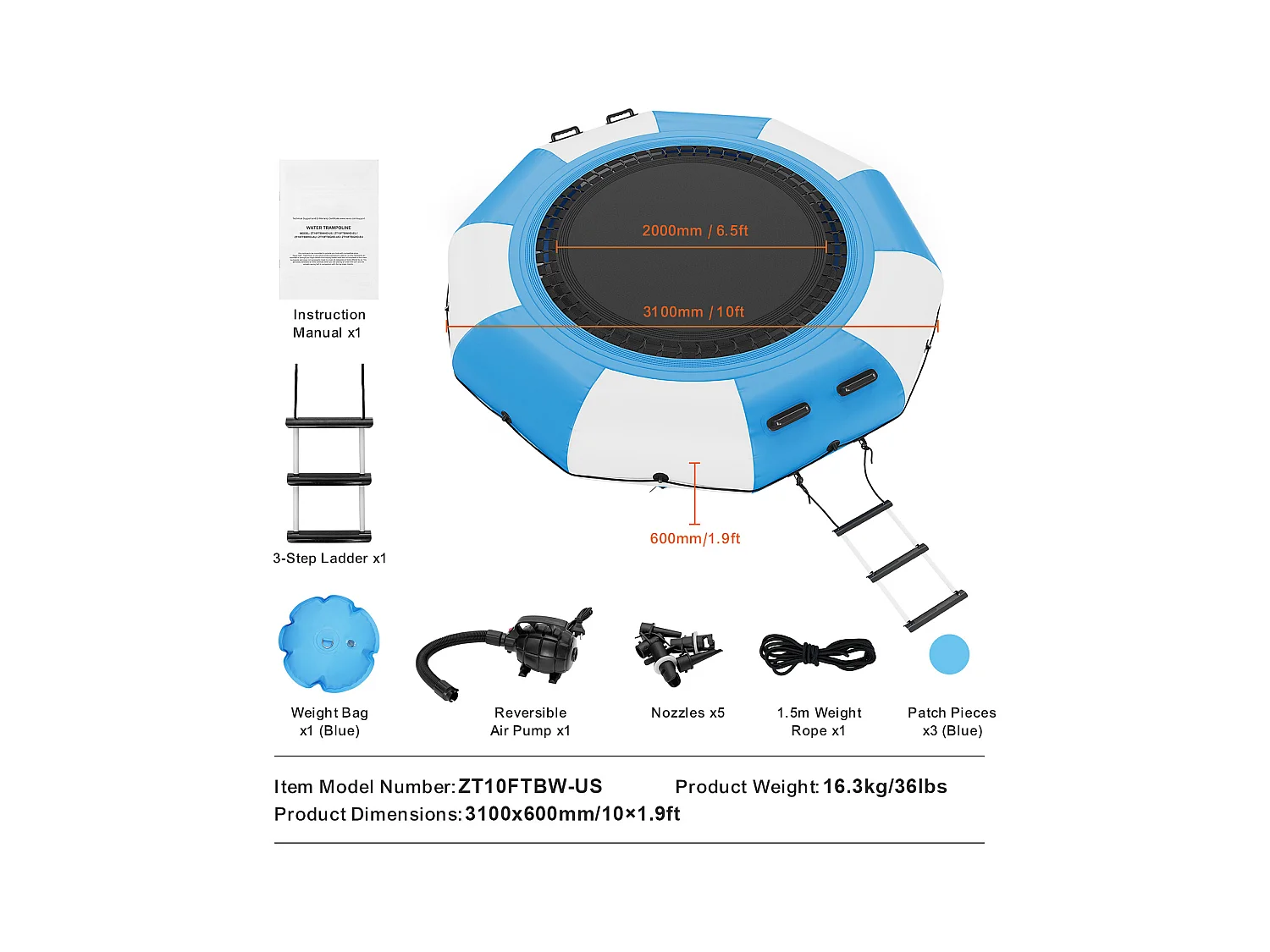 Trampoline Aquatique Gonflable SucceBuy, 310 cm, Plate-forme de Natation pour Piscine et Lac