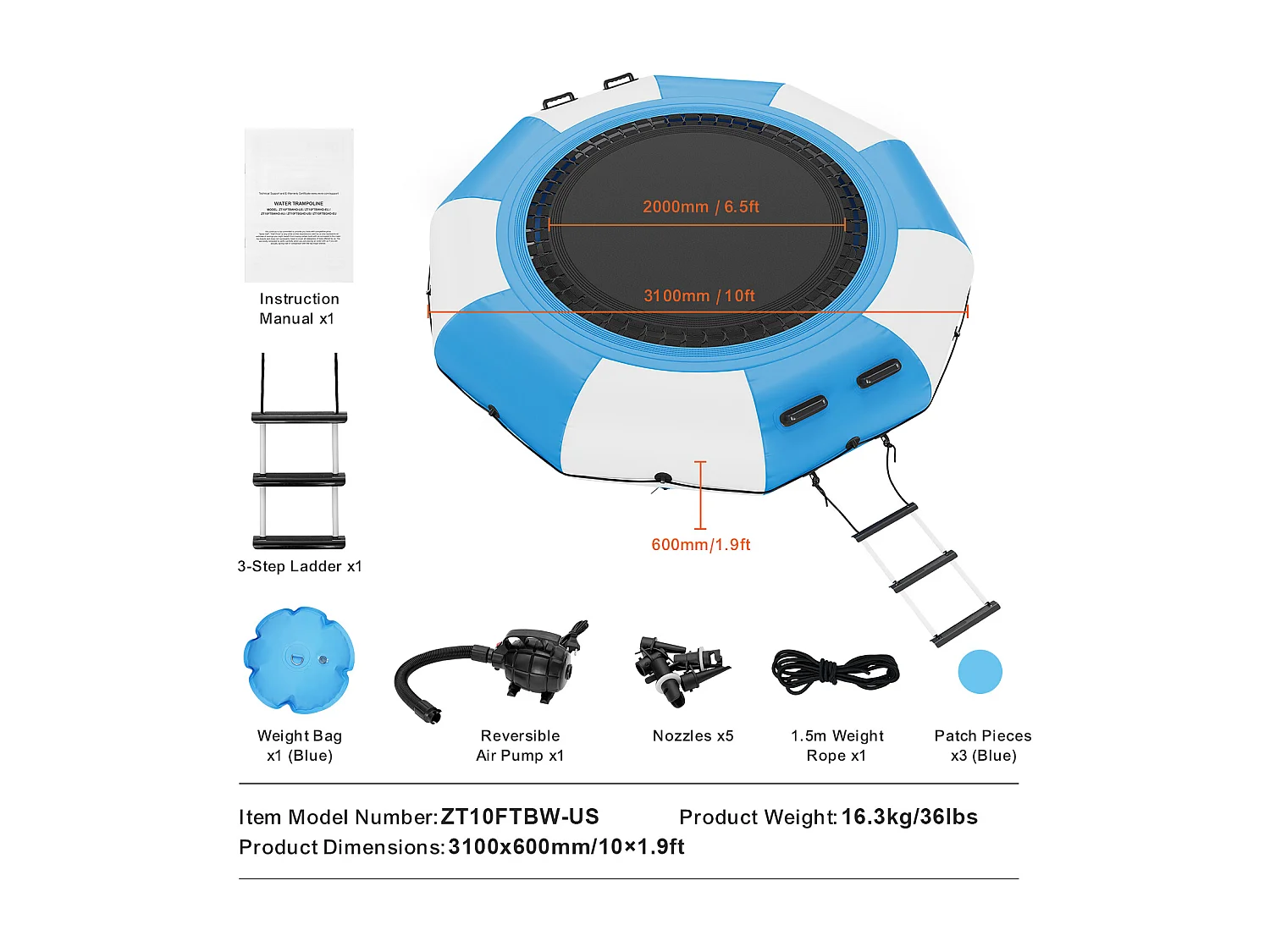 Trampoline Aquatique Gonflable SucceBuy, 310 cm, Plate-forme de Natation pour Piscine et Lac