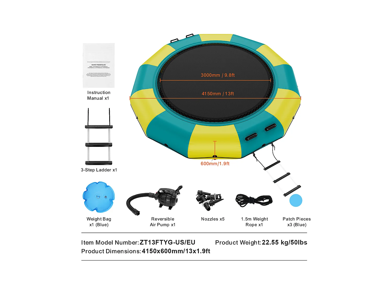 Trampolín Acuático Inflable SucceBuy, 415 cm, Plataforma de Natación para Piscinas y Lagos