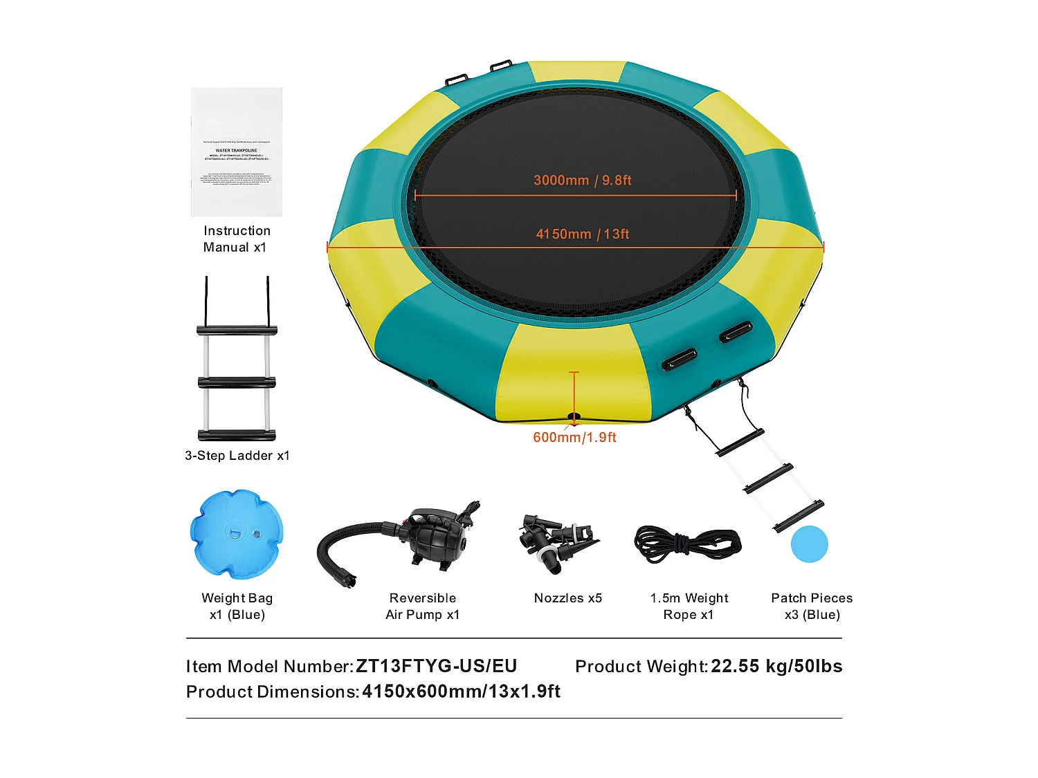 Trampoline Aquatique Gonflable SucceBuy, 415 cm, Plate-forme de Natation pour Piscine et Lac