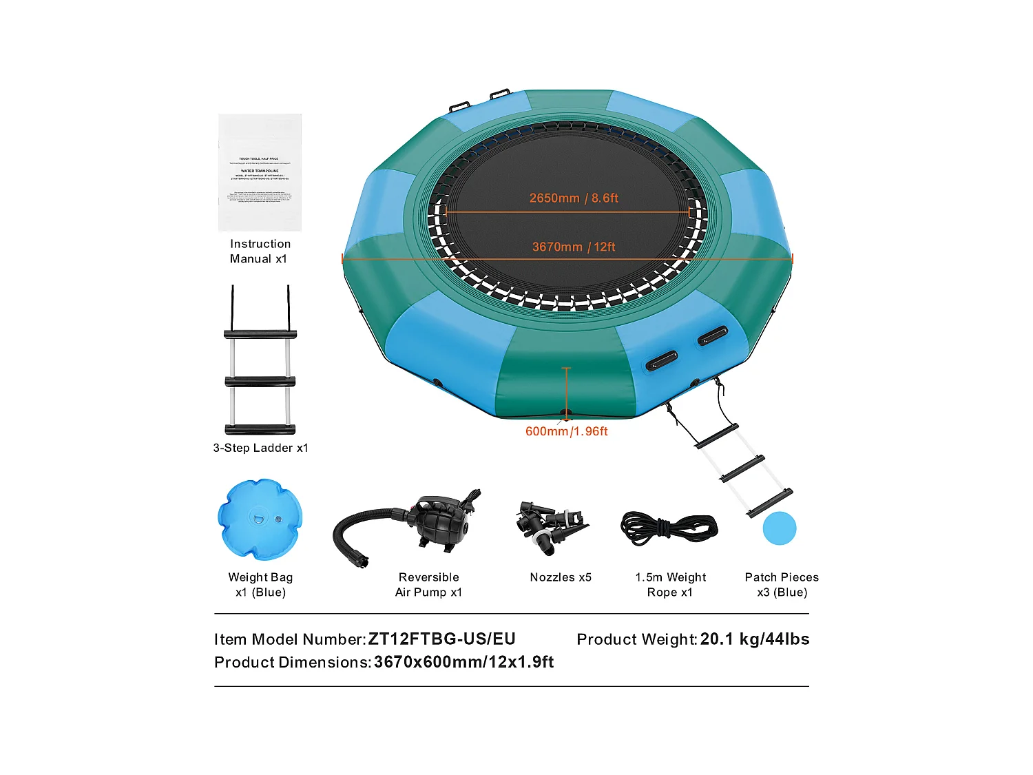 Trampoline Aquatique Gonflable SucceBuy, 367 cm, Plate-forme de Natation pour Piscine et Lac