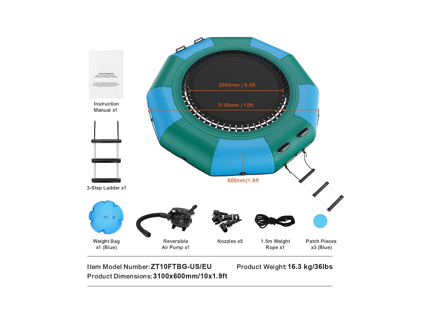 Trampoline Aquatique Gonflable SucceBuy, 310 cm, Plate-forme de Natation pour Piscine et Lac