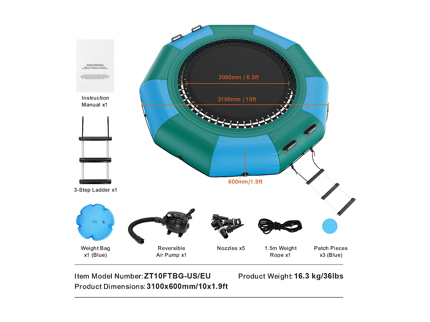 Trampoline Aquatique Gonflable SucceBuy, 310 cm, Plate-forme de Natation pour Piscine et Lac