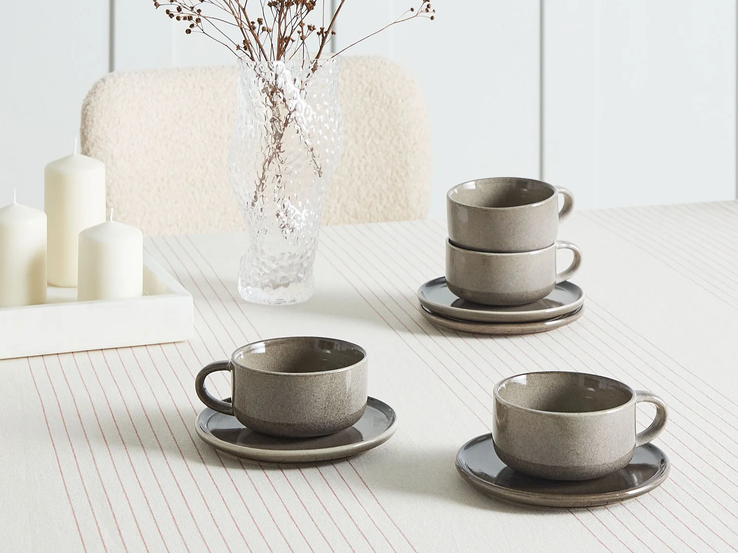Tassen 8er Set mit Untertellern COSTMARY Steinzeug Grau