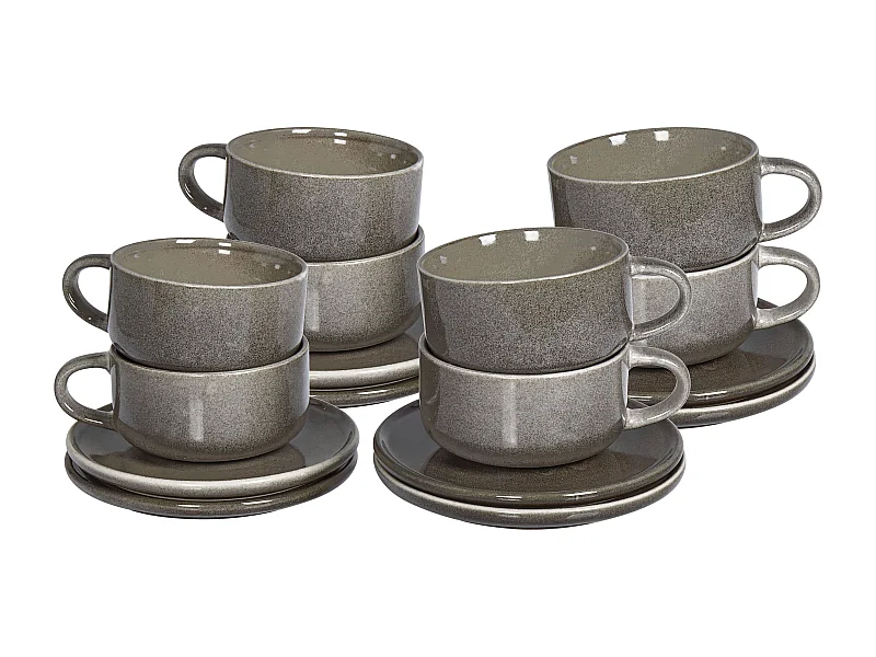 Set aus 8 Tassen mit Untertassen Tee Kaffee Steingut Kaolin Handgefertigt Reaktive Glasur Finish Grau Costmary