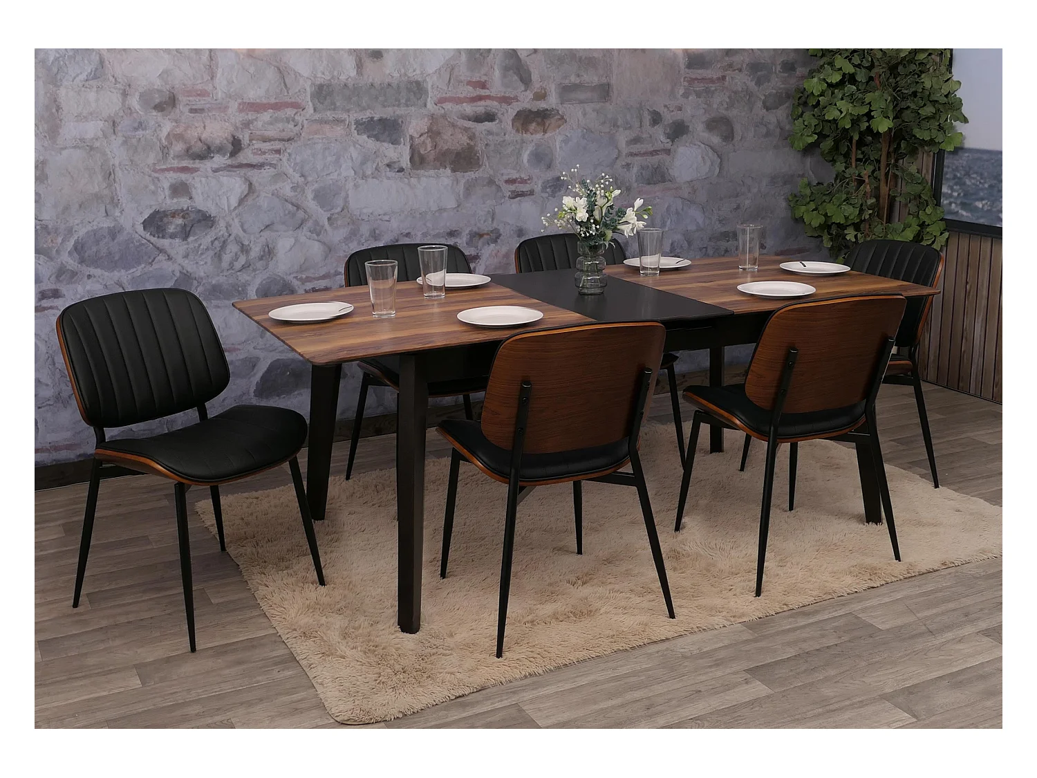 Chaise de salle à manger MCW-O44 (lot de 6),  aspect noyer, noir