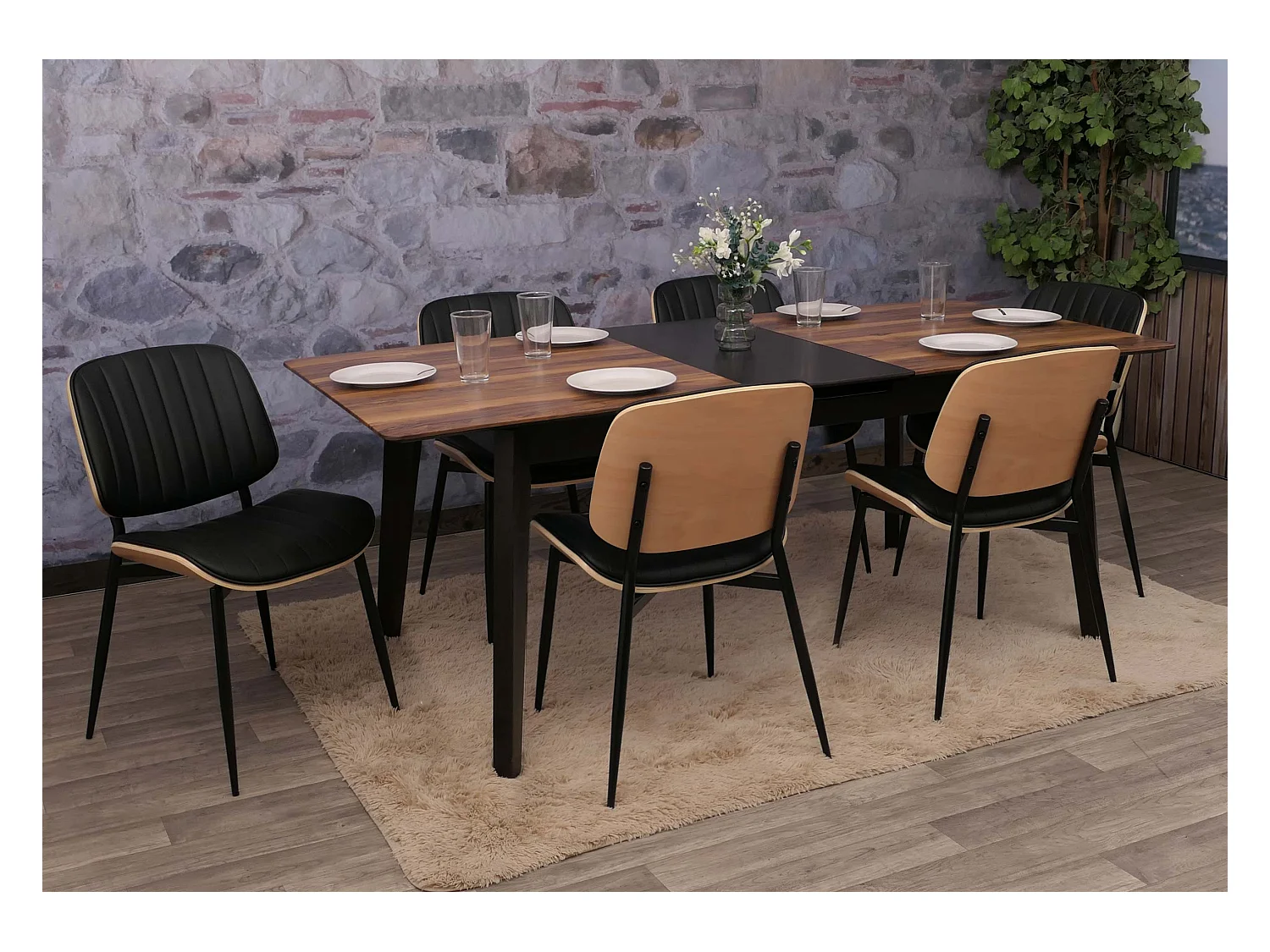 Esszimmerstuhl MCW-O44 (6er-Set), Natur, schwarz