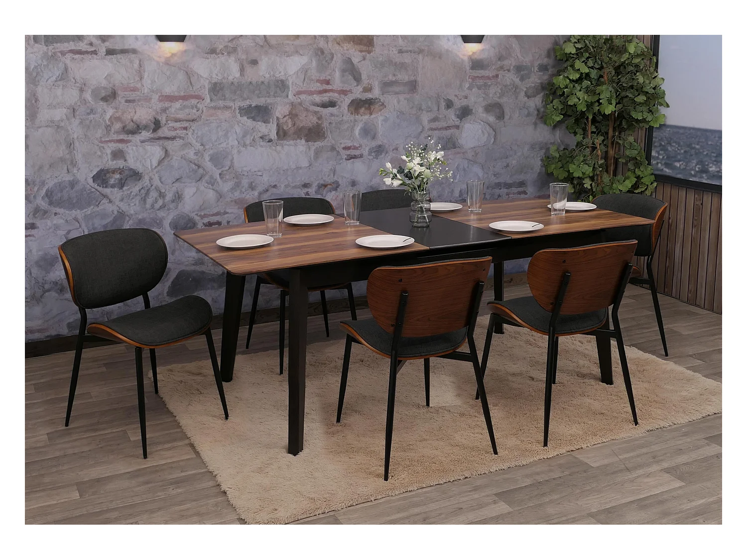 Silla de comedor MCW-O45 (juego de 6),  aspecto nogal, gris oscuro