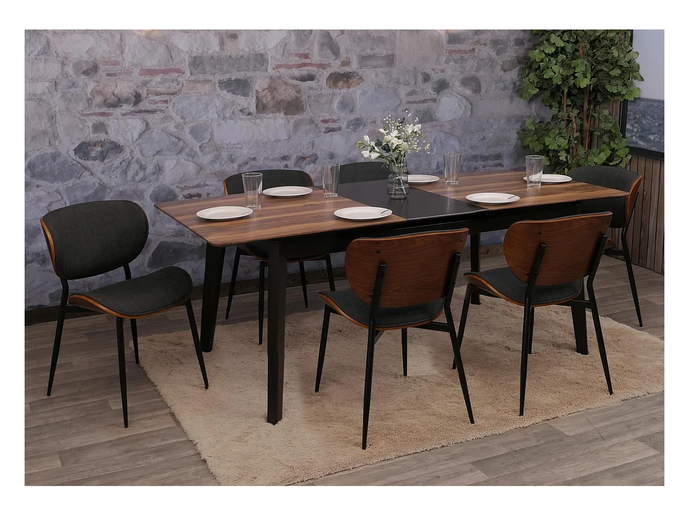 Silla de comedor MCW-O45 (juego de 6),  aspecto nogal, gris oscuro