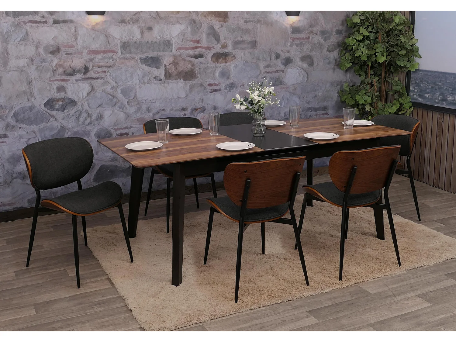 Esszimmerstuhl MCW-O45 (6er-Set), Walnuss-Optik, dunkelgrau