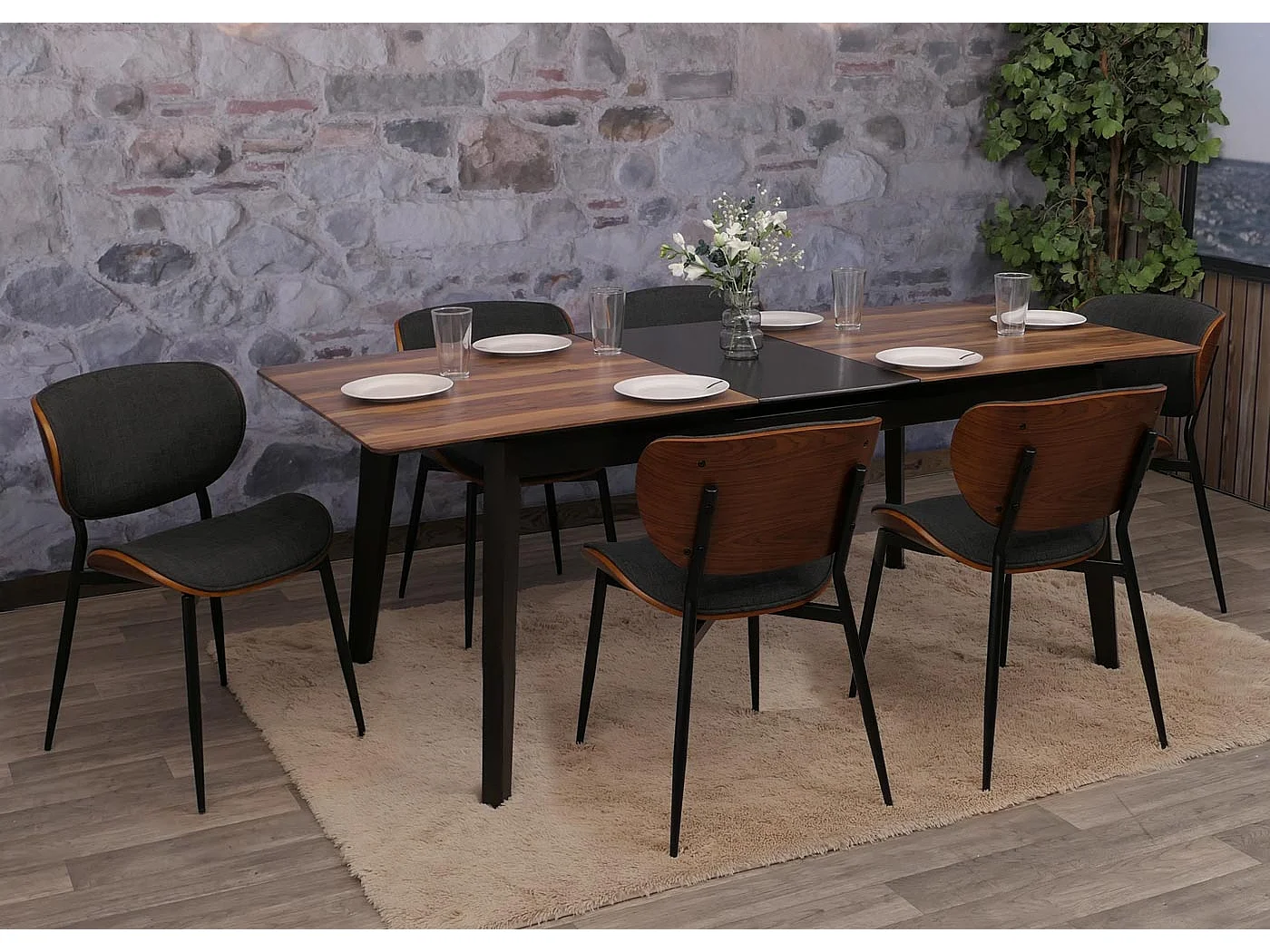 Esszimmerstuhl MCW-O45 (6er-Set), Walnuss-Optik, dunkelgrau