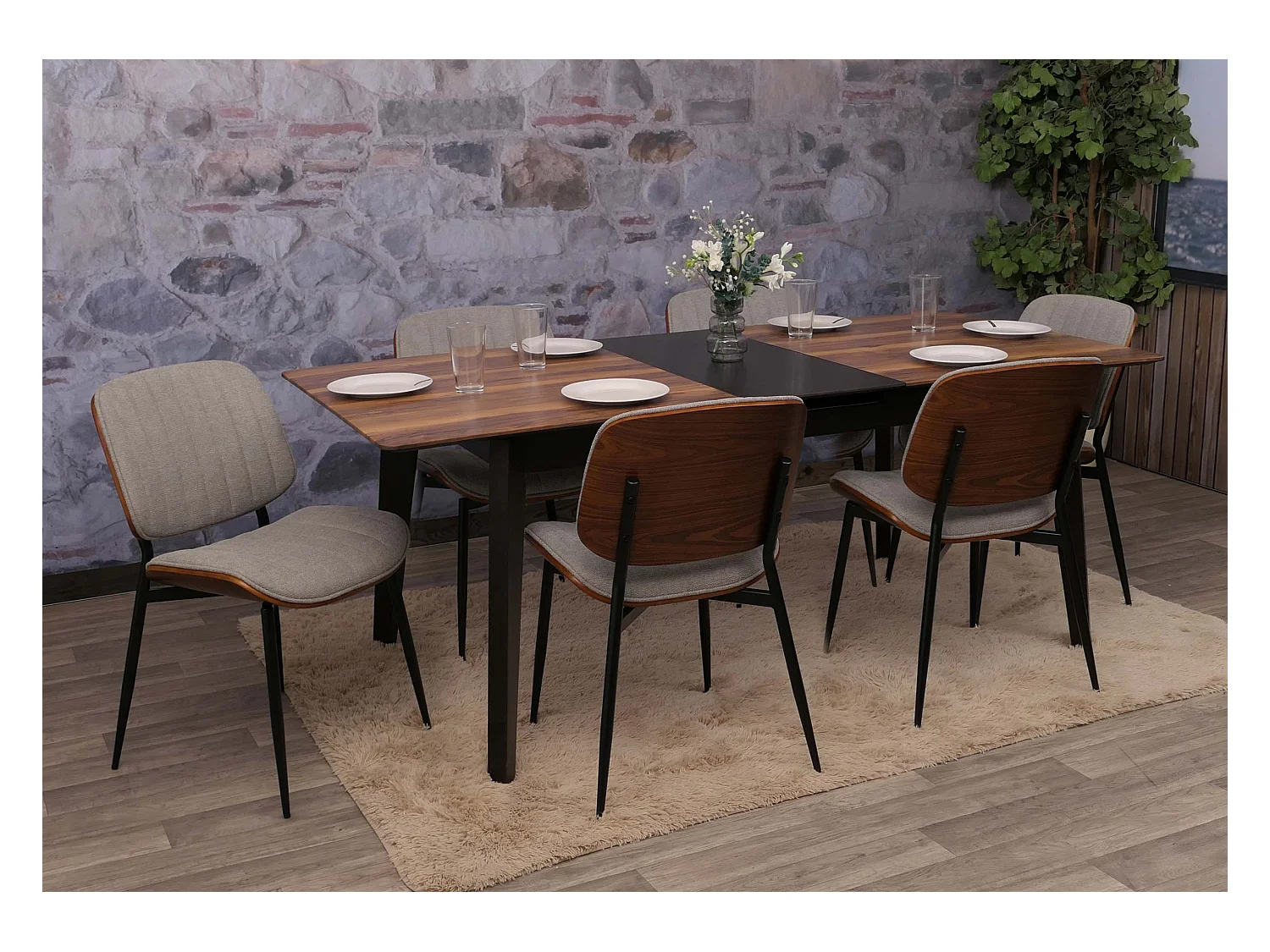 Esszimmerstuhl MCW-O44 (6er-Set), Walnuss-Optik, hellgrau