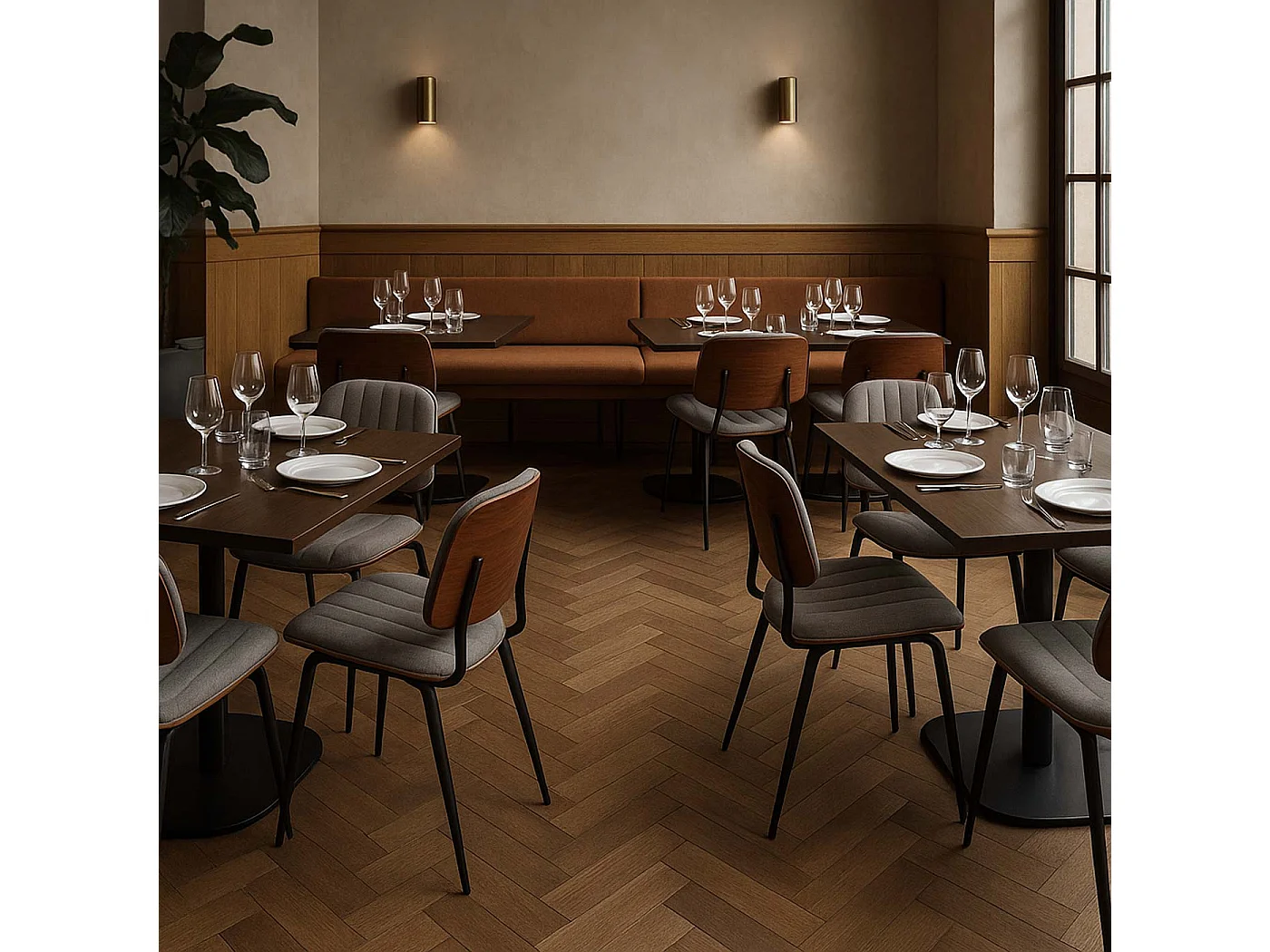 Esszimmerstuhl MCW-O44 (6er-Set), Walnuss-Optik, hellgrau