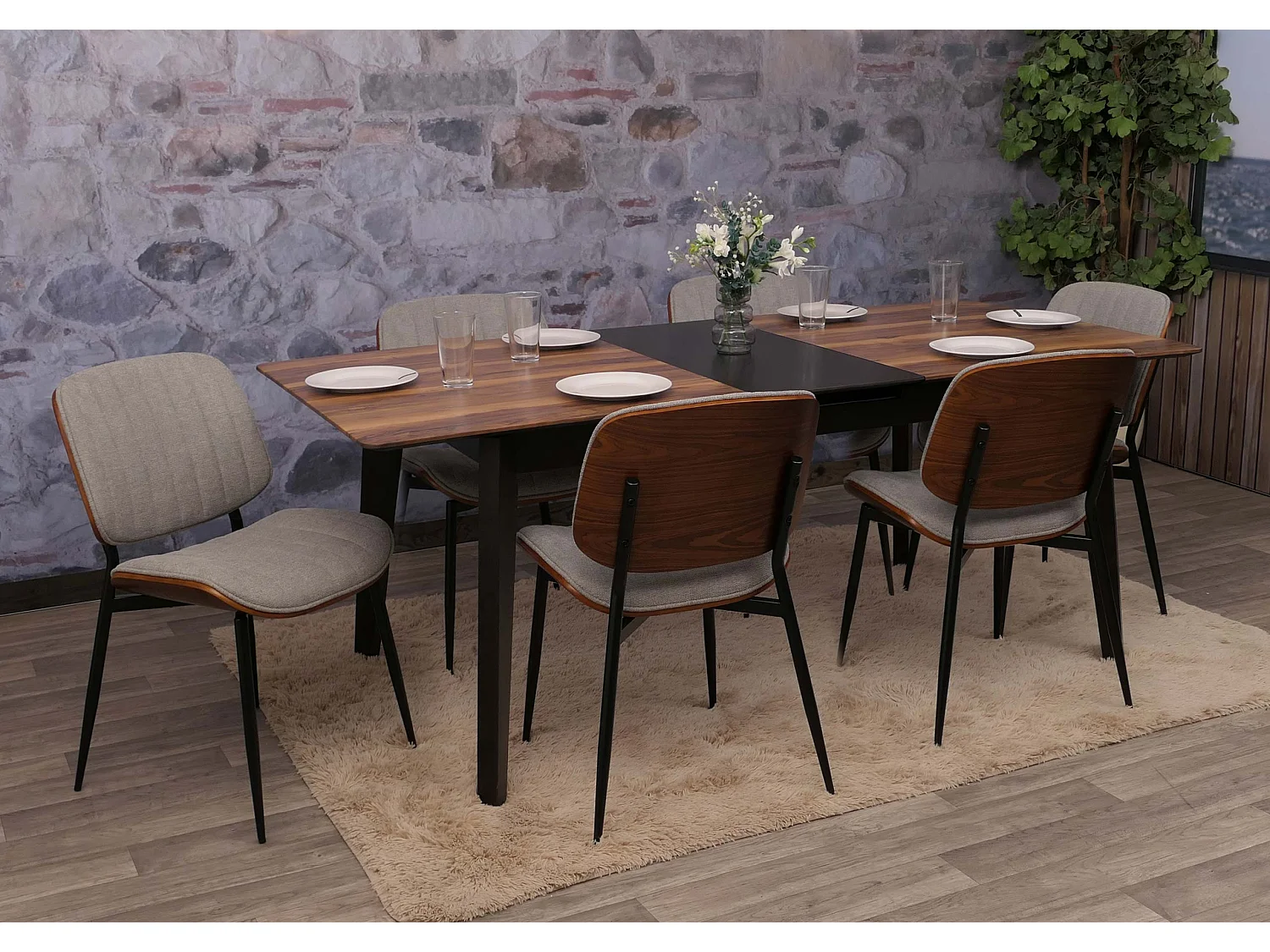 Chaise de salle à manger MCW-O44 (lot de 6),  aspect noyer, gris clair