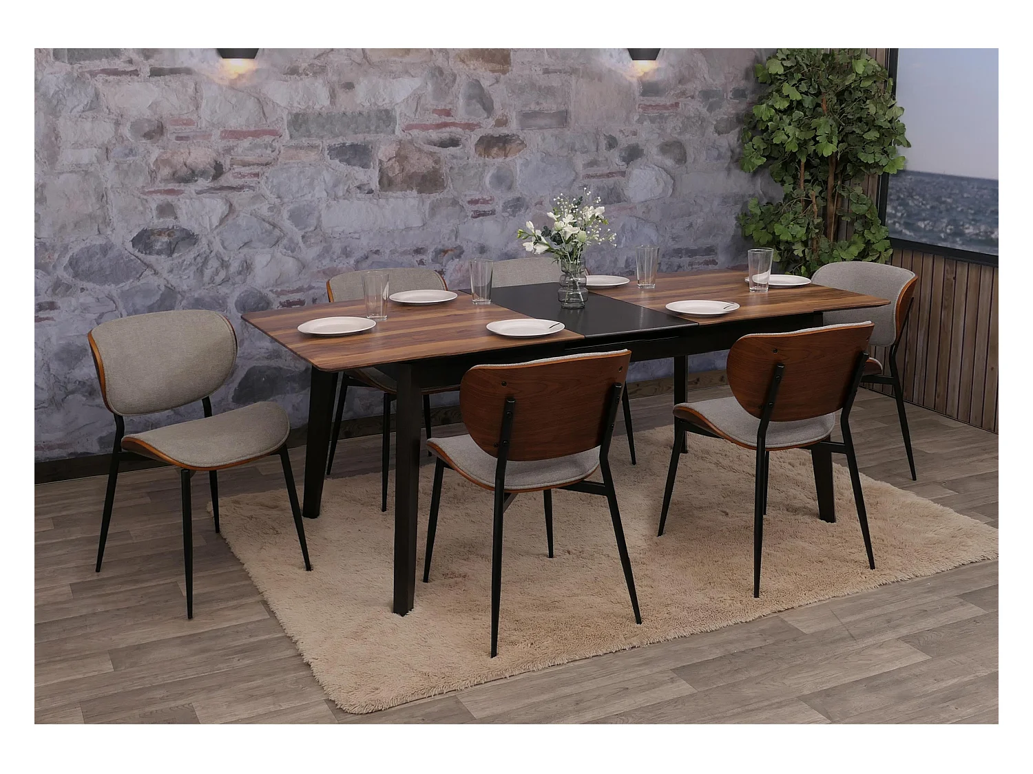 Chaise de salle à manger MCW-O45 (lot de 6),  aspect noyer, gris clair