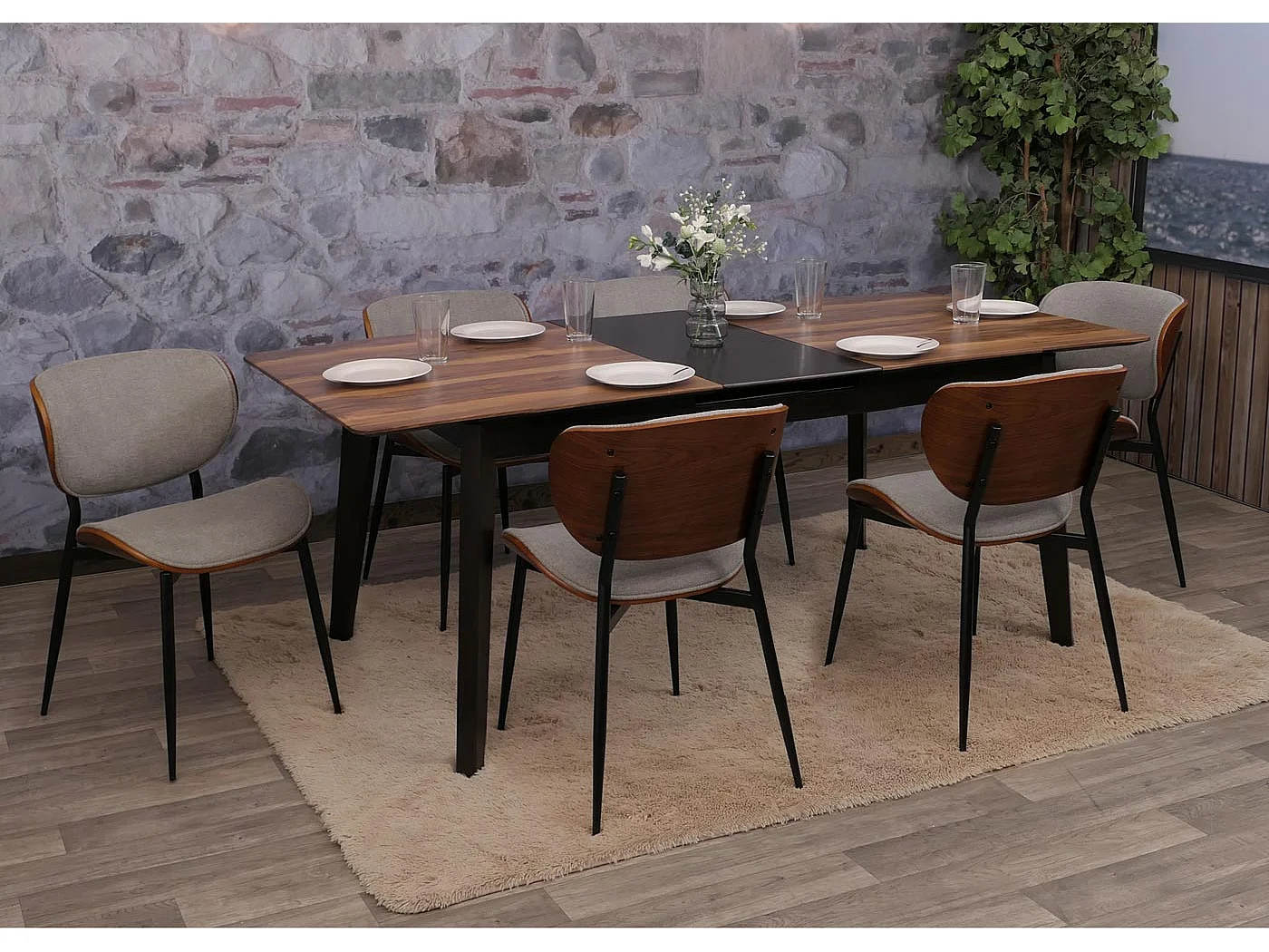 Esszimmerstuhl MCW-O45 (6er-Set), Walnuss-Optik, hellgrau