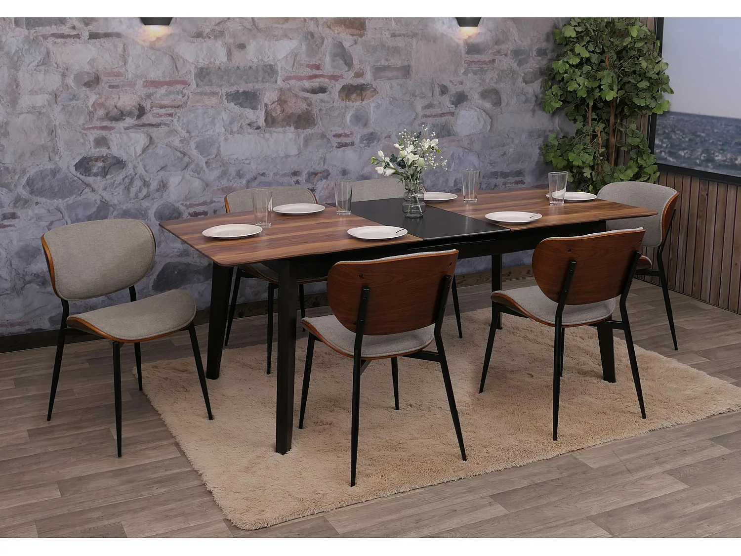 Chaise de salle à manger MCW-O45 (lot de 6),  aspect noyer, gris clair