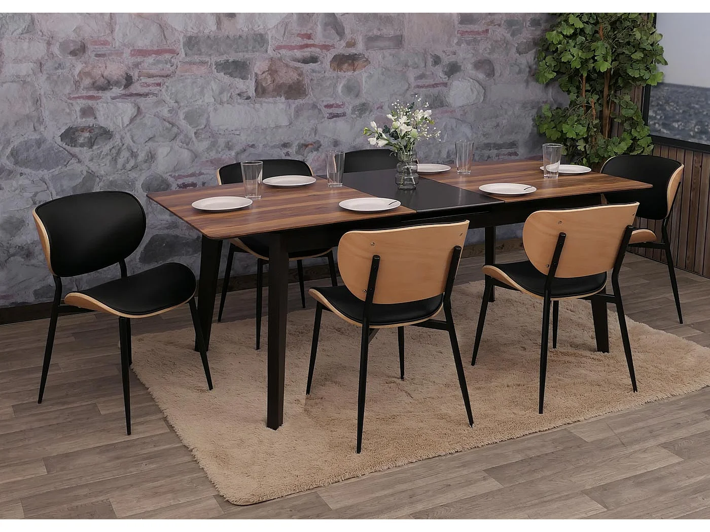 Chaise de salle à manger MCW-O45 (lot de 6),  naturel, noir