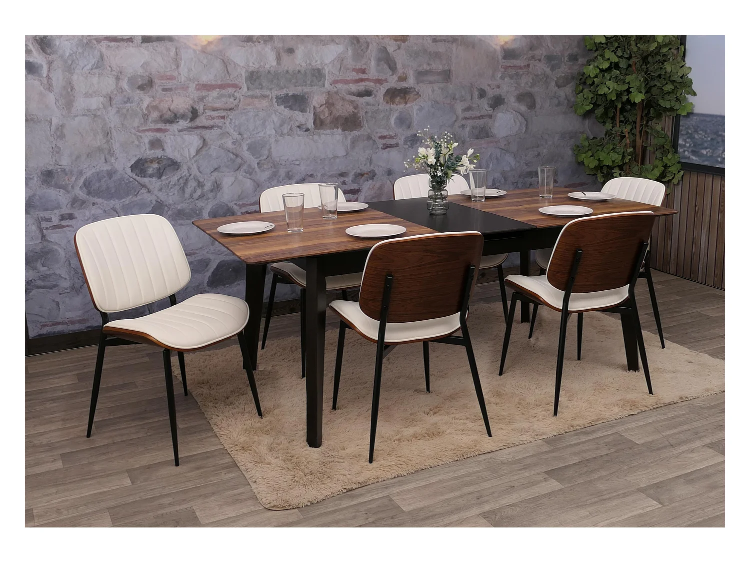 Chaise de salle à manger MCW-O44 (lot de 6),  aspect noyer, blanc