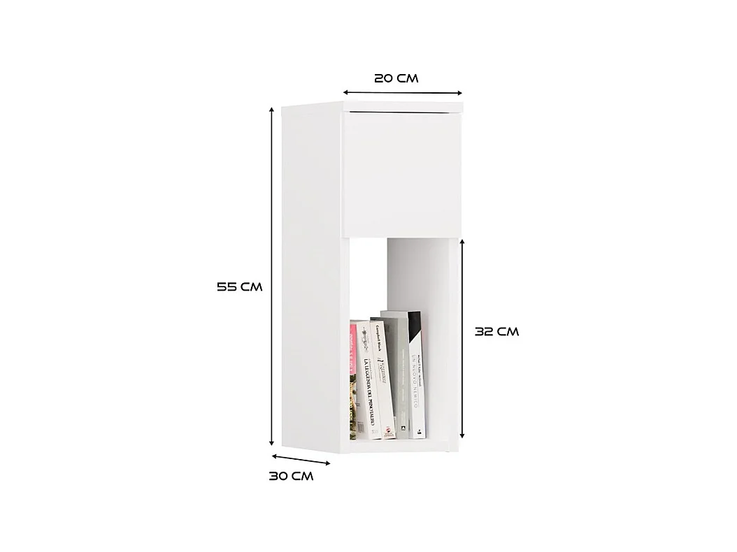 GALAX - Table de chevet blanche moderne avec tiroir et étagère 20x30x55 cm
