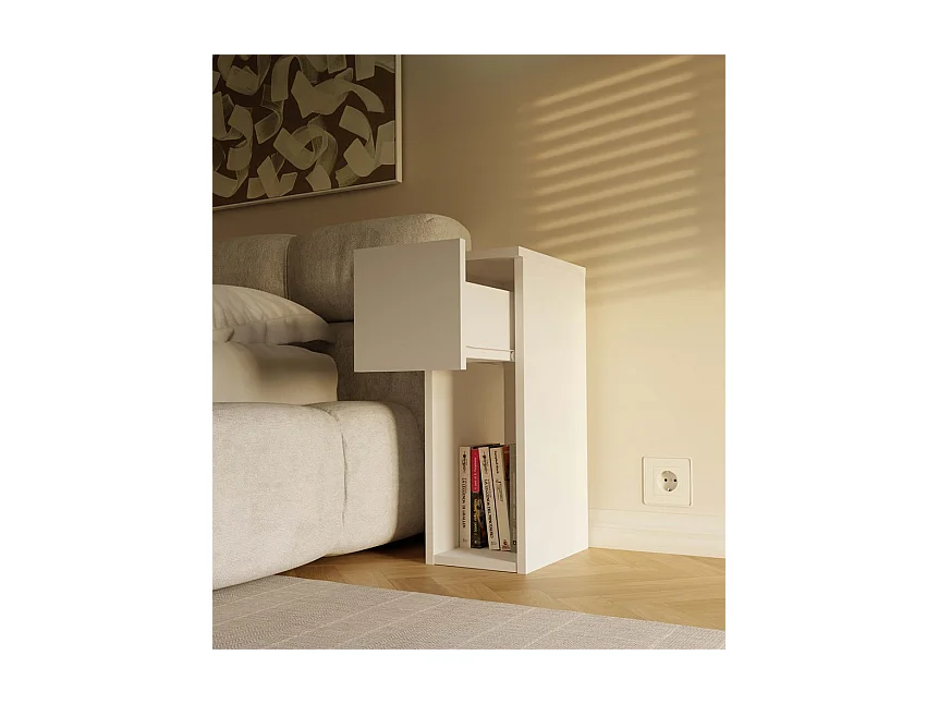 GALAX - Table de chevet blanche moderne avec tiroir et étagère 20x30x55 cm