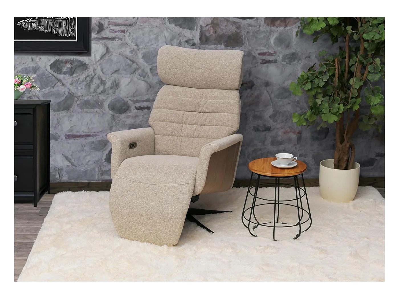 Relaxsessel MCW-N56, Stoff braun, Holz Walnuss-Optik