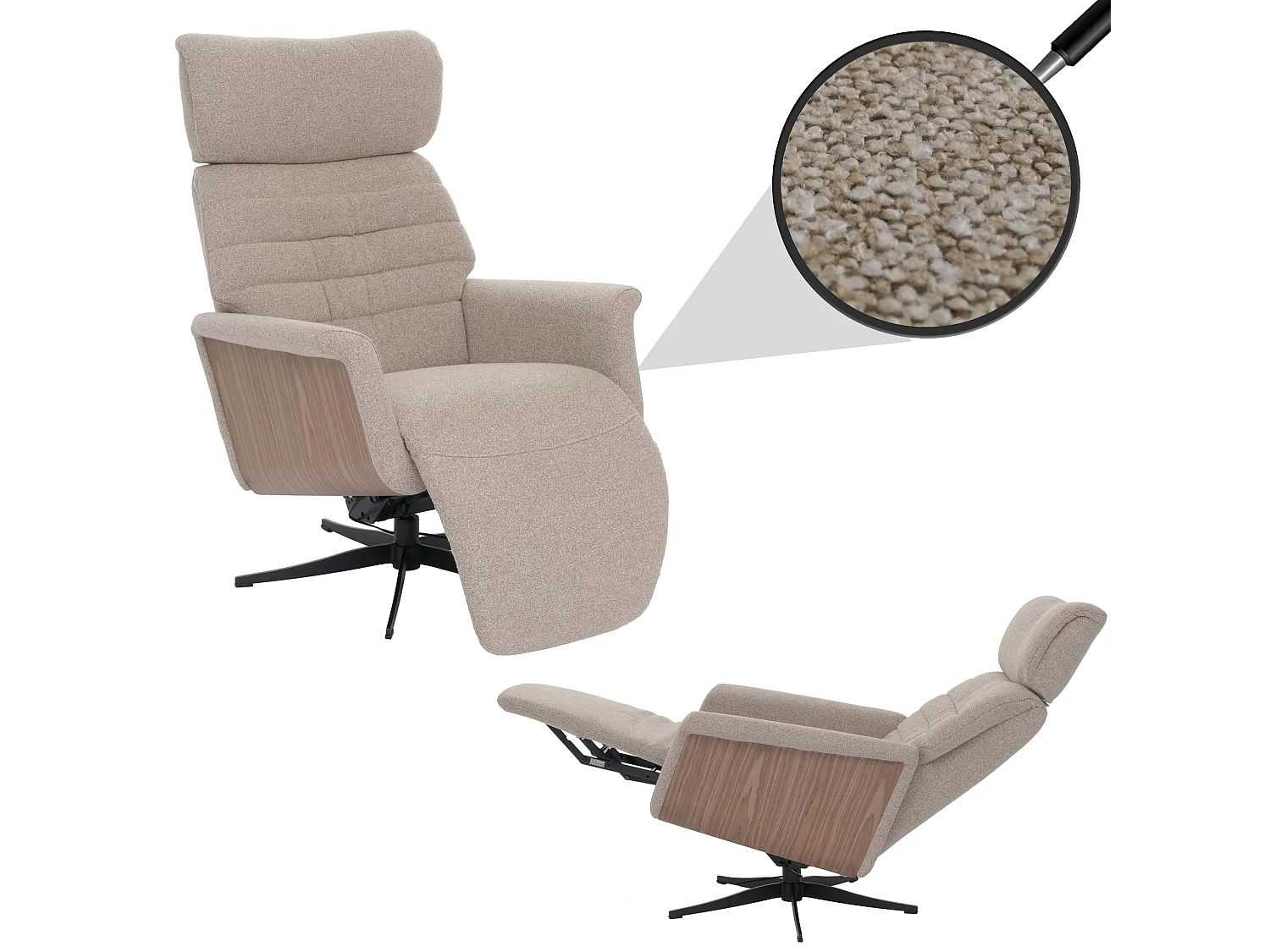 Relaxsessel MCW-N56, Stoff braun, Holz Walnuss-Optik