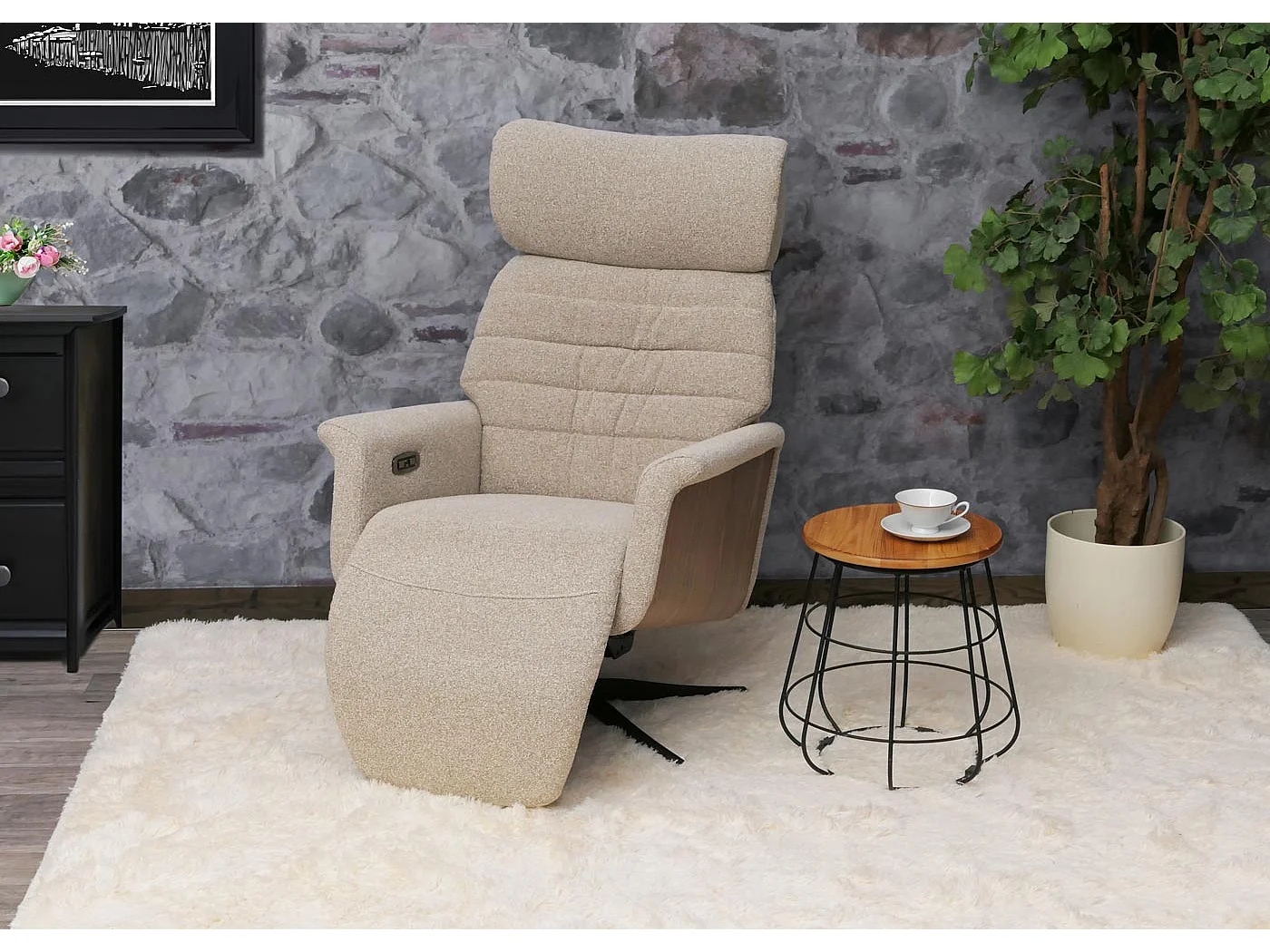 Relaxsessel MCW-N56, Stoff braun, Holz Walnuss-Optik