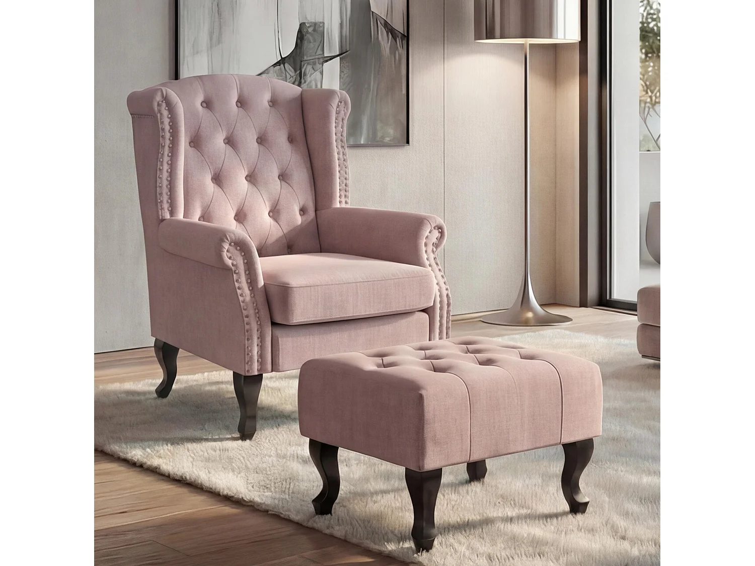 Fauteuil relax Oxford,  rose clair avec pouf