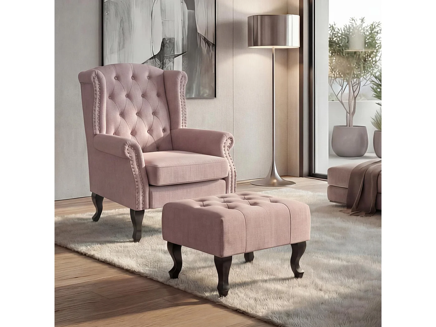 Fauteuil relax Oxford,  rose clair avec pouf