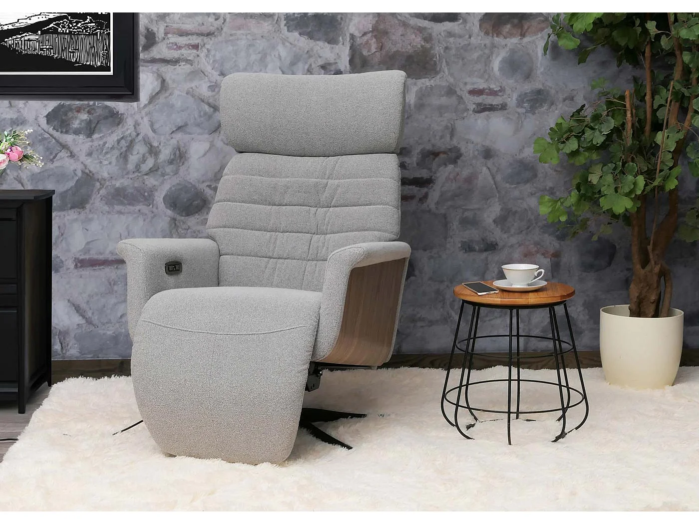 Relaxsessel MCW-N56, Stoff grau, Holz Walnuss-Optik