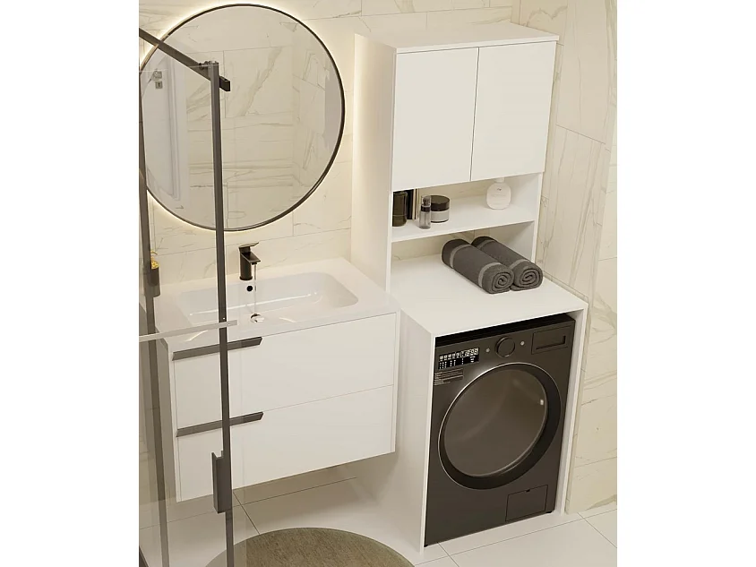 Słupek Łazienkowy Pola | Biały | 64x64x180 cm | Regał nad Pralkę