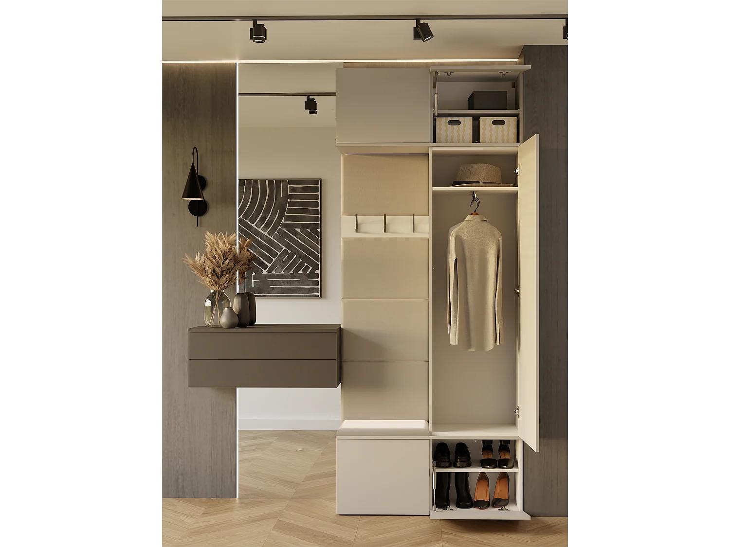 HAGA - Appendiabiti a 3 ganci e armadio - Guardaroba da ingresso con seduta 238x100x35 cm - Beige cashmere