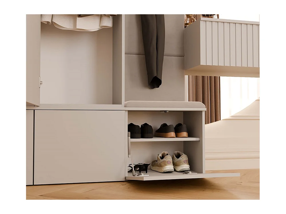 HAGA - Perchero con 3 ganchos - Guardarropa de entrada con asiento 238 x 50 x 35 cm - Beige cachemira