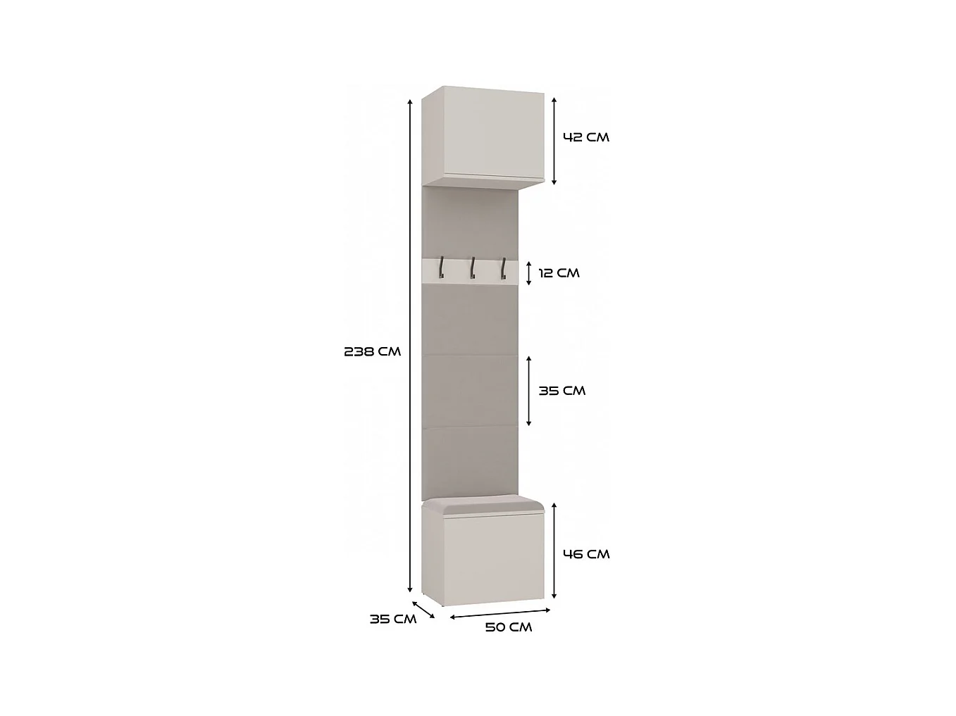 HAGA - Perchero con 3 ganchos - Guardarropa de entrada con asiento 238 x 50 x 35 cm - Beige cachemira