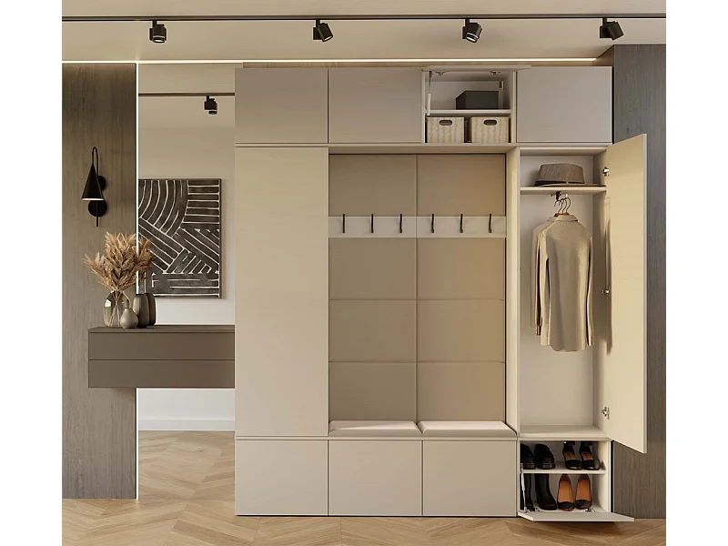 HAGA – Flureinsatz mit 2 Schränken + 2 Garderoben mit 6 Haken + Bank 200 x 35 x 238 cm – Kaschmirbeige