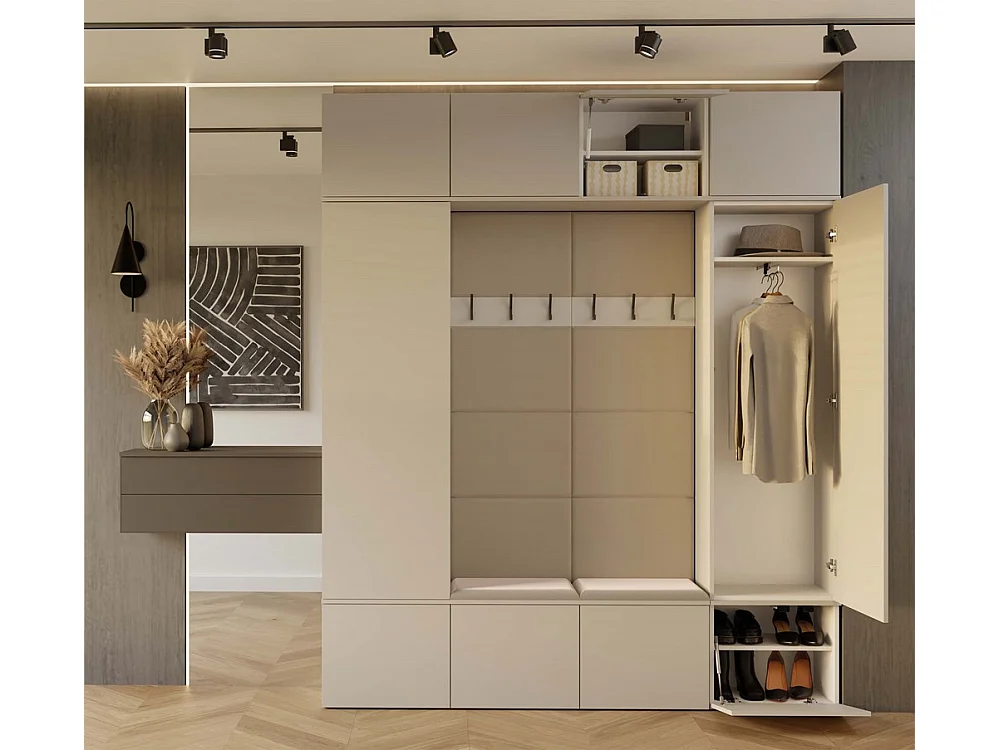 HAGA – Flureinsatz mit 2 Schränken + 2 Garderoben mit 6 Haken + Bank 200 x 35 x 238 cm – Kaschmirbeige
