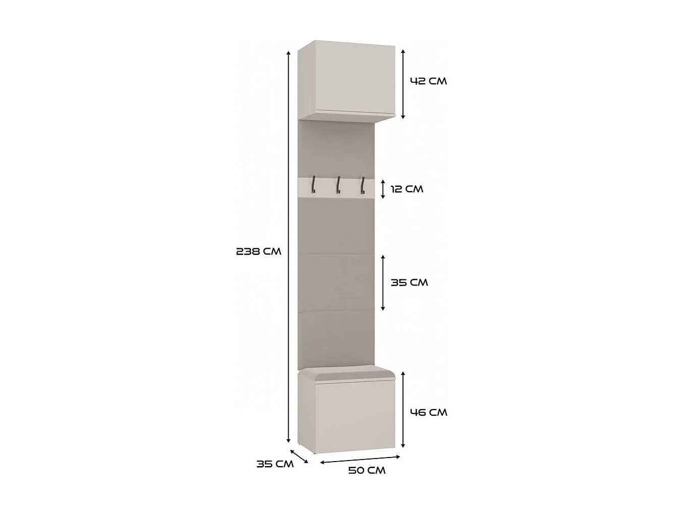 HAGA – Flureinsatz mit 2 Schränken + 2 Garderoben mit 6 Haken + Bank 200 x 35 x 238 cm – Kaschmirbeige