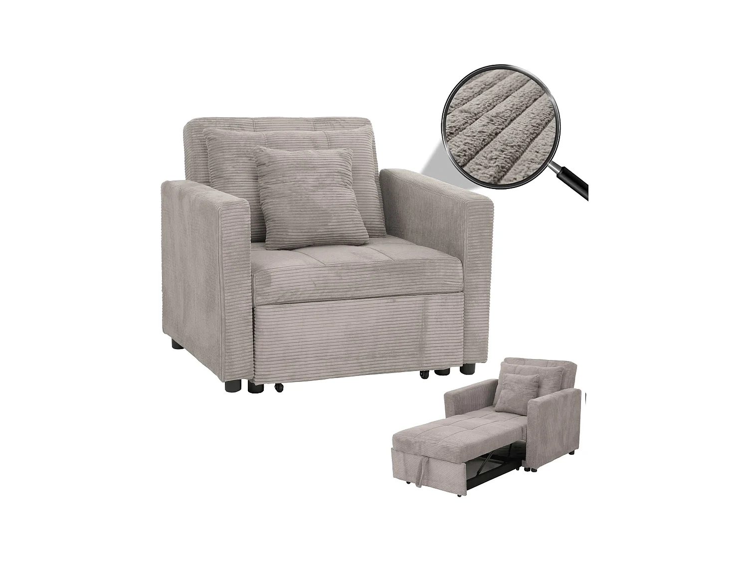 Poltrona letto MCW-L90, sofà letto pieghevole reclinabile, 200x100cm stoffa/tessuto velluto a coste ~ grigio chiaro