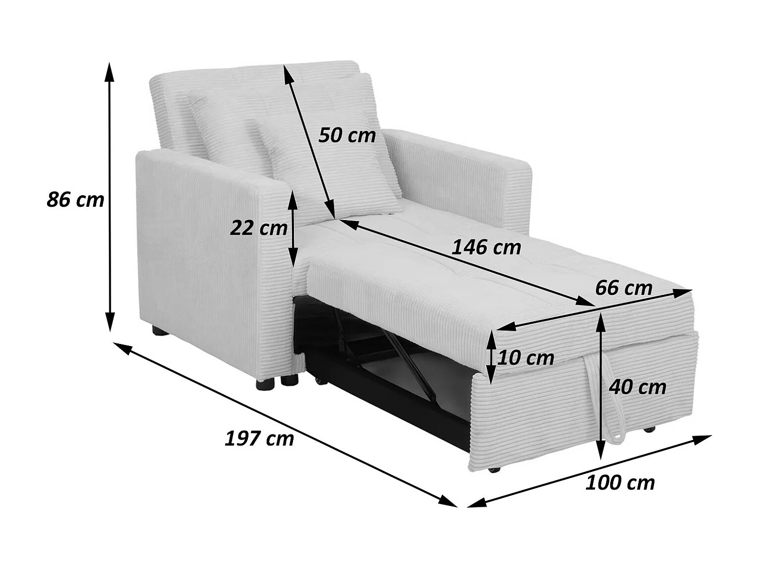 Poltrona letto MCW-L90, sofà letto pieghevole reclinabile, 200x100cm stoffa/tessuto velluto a coste ~ grigio chiaro