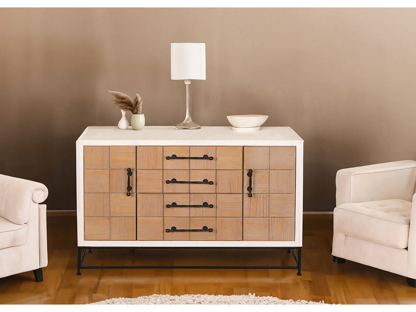 Kommode MCW-N30, Schrank Sideboard Highboard mit Türen und Schublade, Massiv-Holz MDF, 92x140x42cm