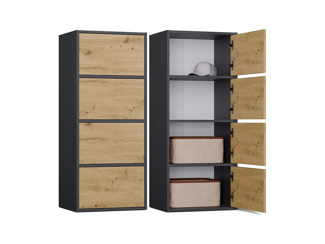 ALMA - Commode haute de rangement 4 portes avec ouverture tip-on - Anthracite et chêne artisan