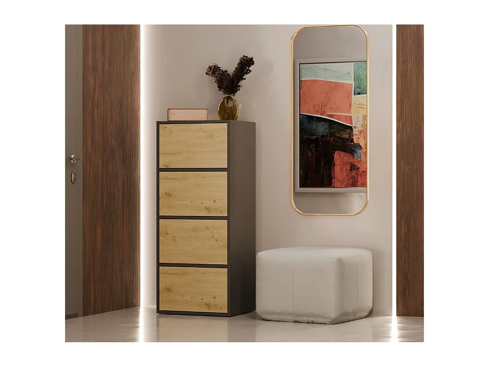 ALMA - Commode haute de rangement 4 portes avec ouverture tip-on - Anthracite et chêne artisan